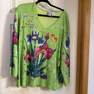 Take Two Women’s Floral Top Green V-Neck 3/4 Sleeve Boho Artsy Blouse  size 2X